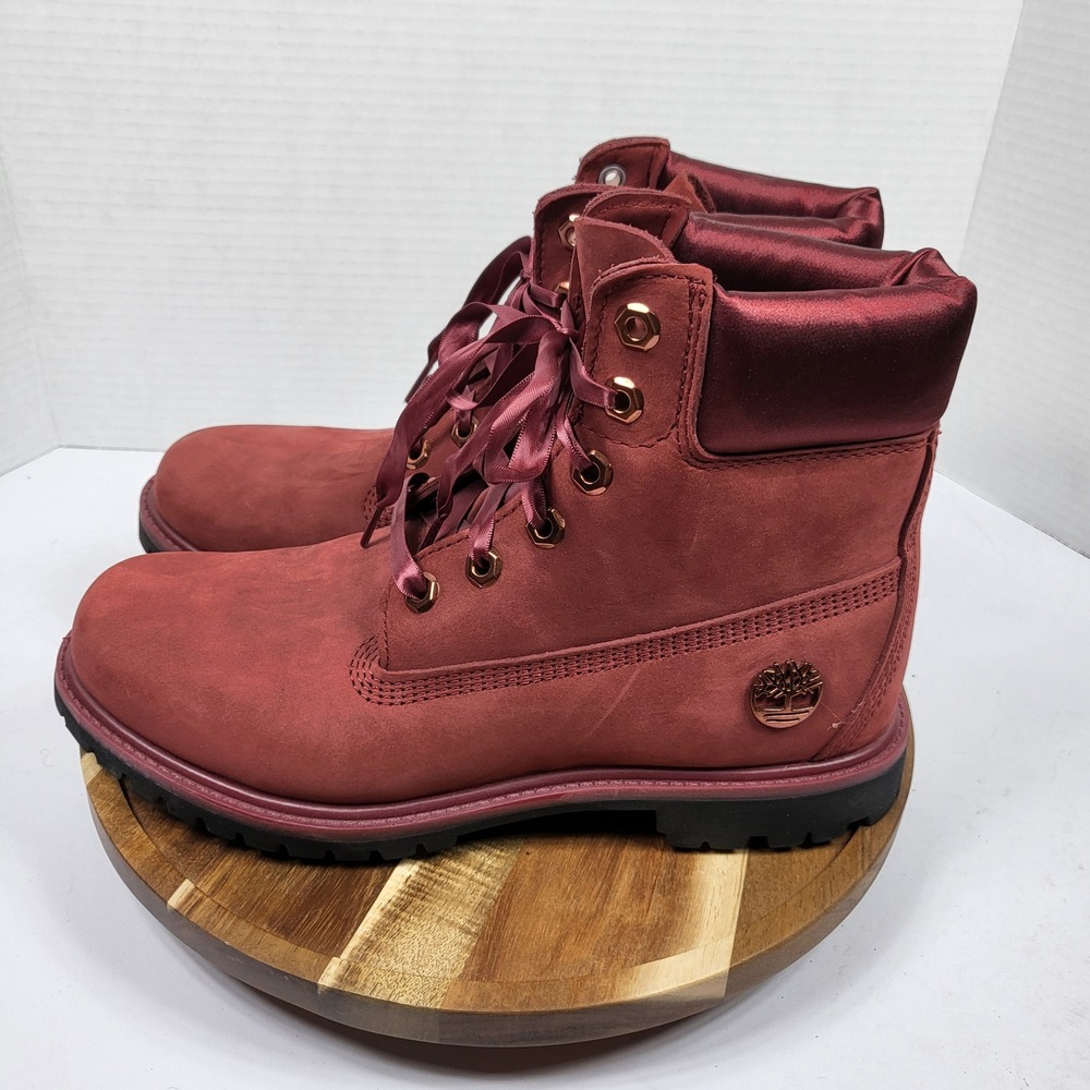 Timberland 6 Inch Premium Boots Women Size 9 Burgundy Satin Excellent A1SC7